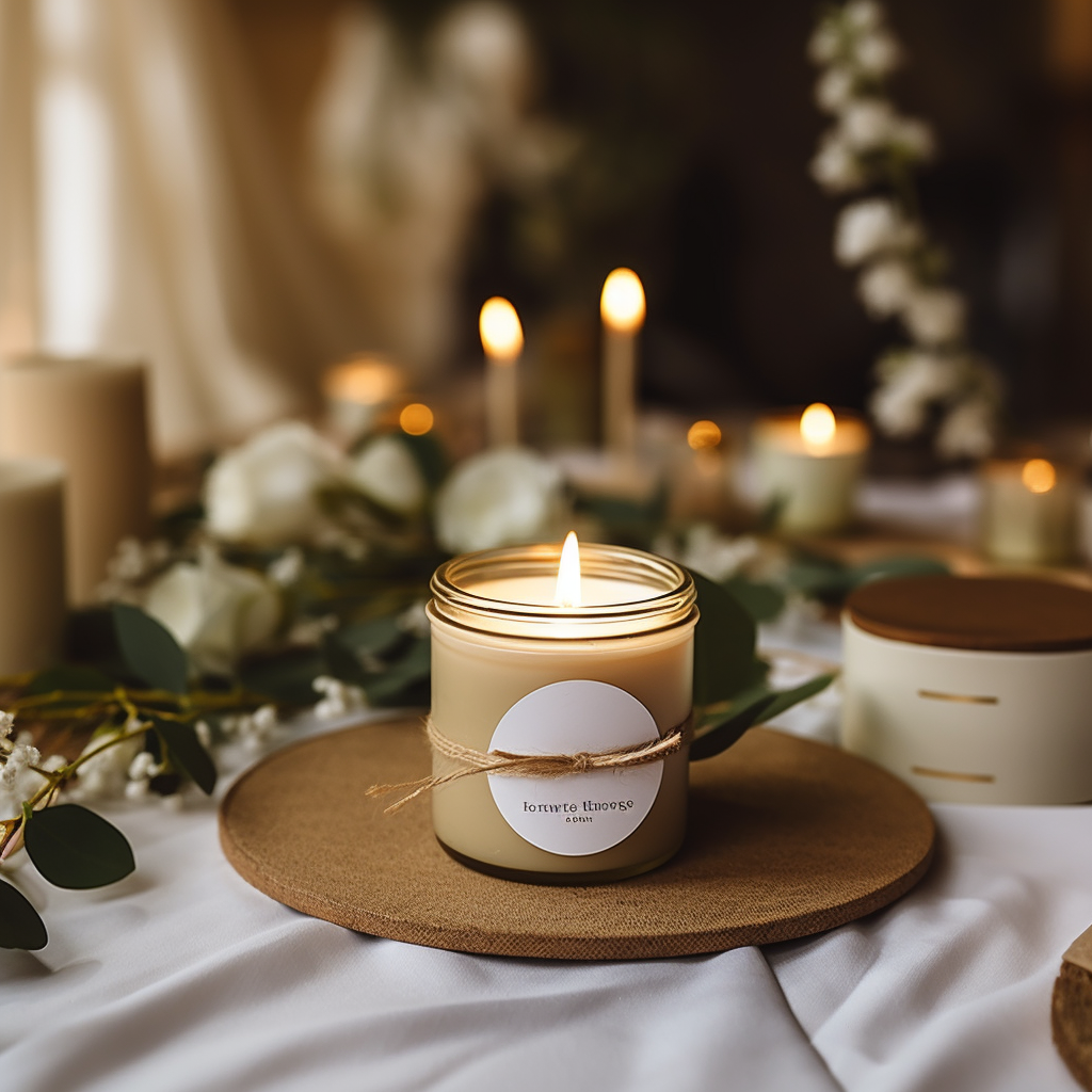 Candle Bonbonniere with Sticker Seal on Rustic Table