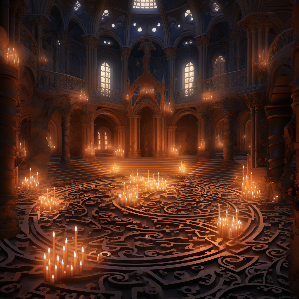 Captivating candle-lit indoor labyrinth church