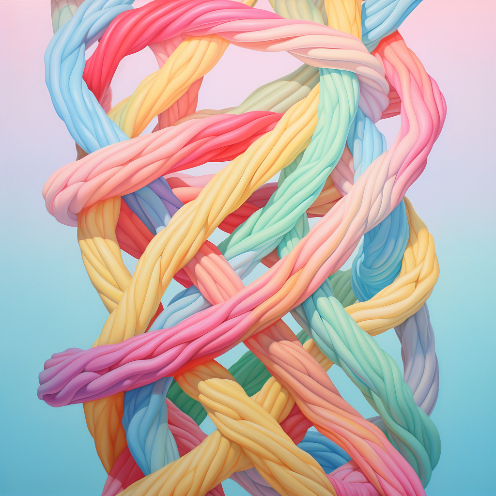 Candy-colored twisted strands on pastel background