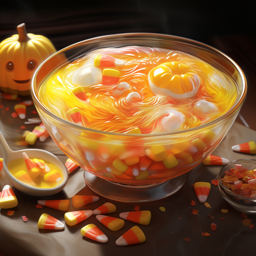 A steaming bowl of candy corn soup