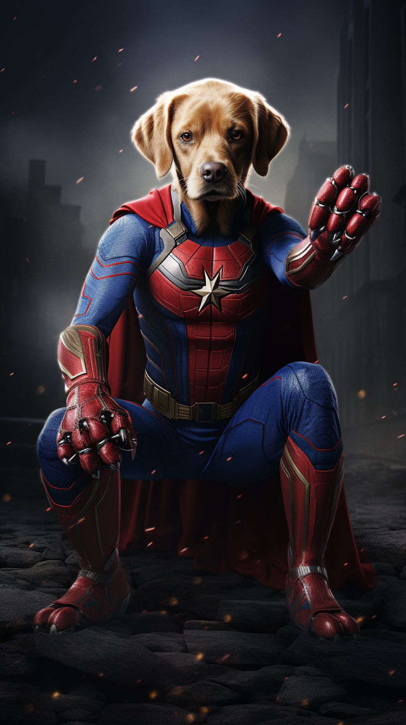 Agile Canine Superhero in Red and Blue Suit