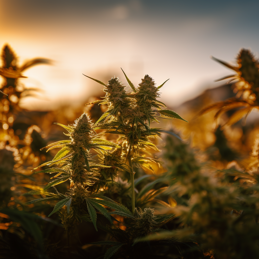 Beautiful cannabis field with golden backdrop