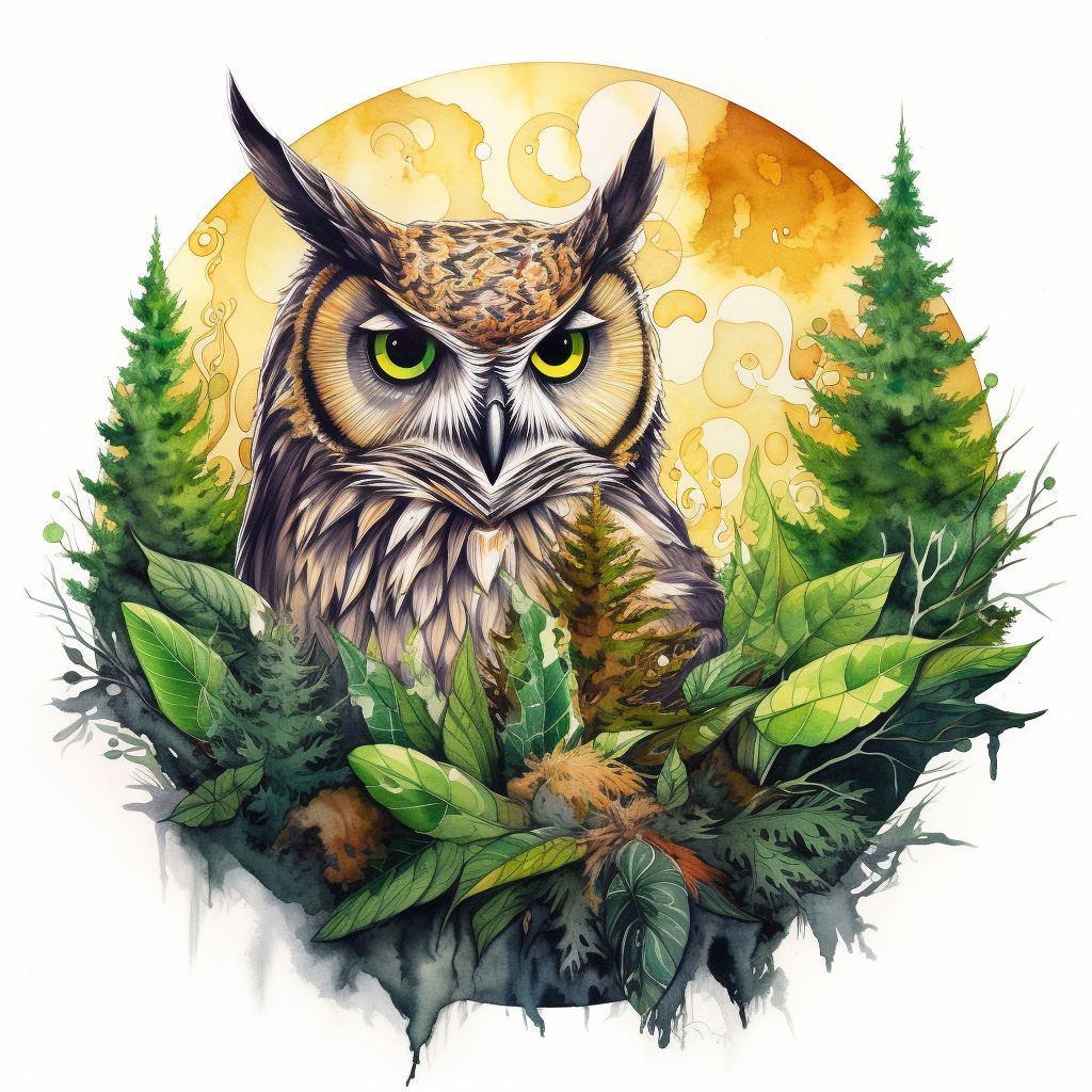 Cannabis-themed owl drawing in watercolor style