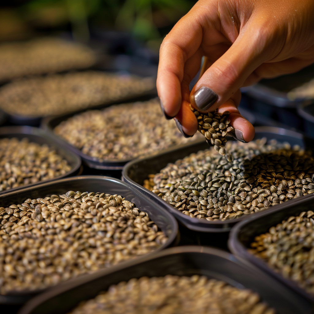 Young hand sorting cannabis seeds