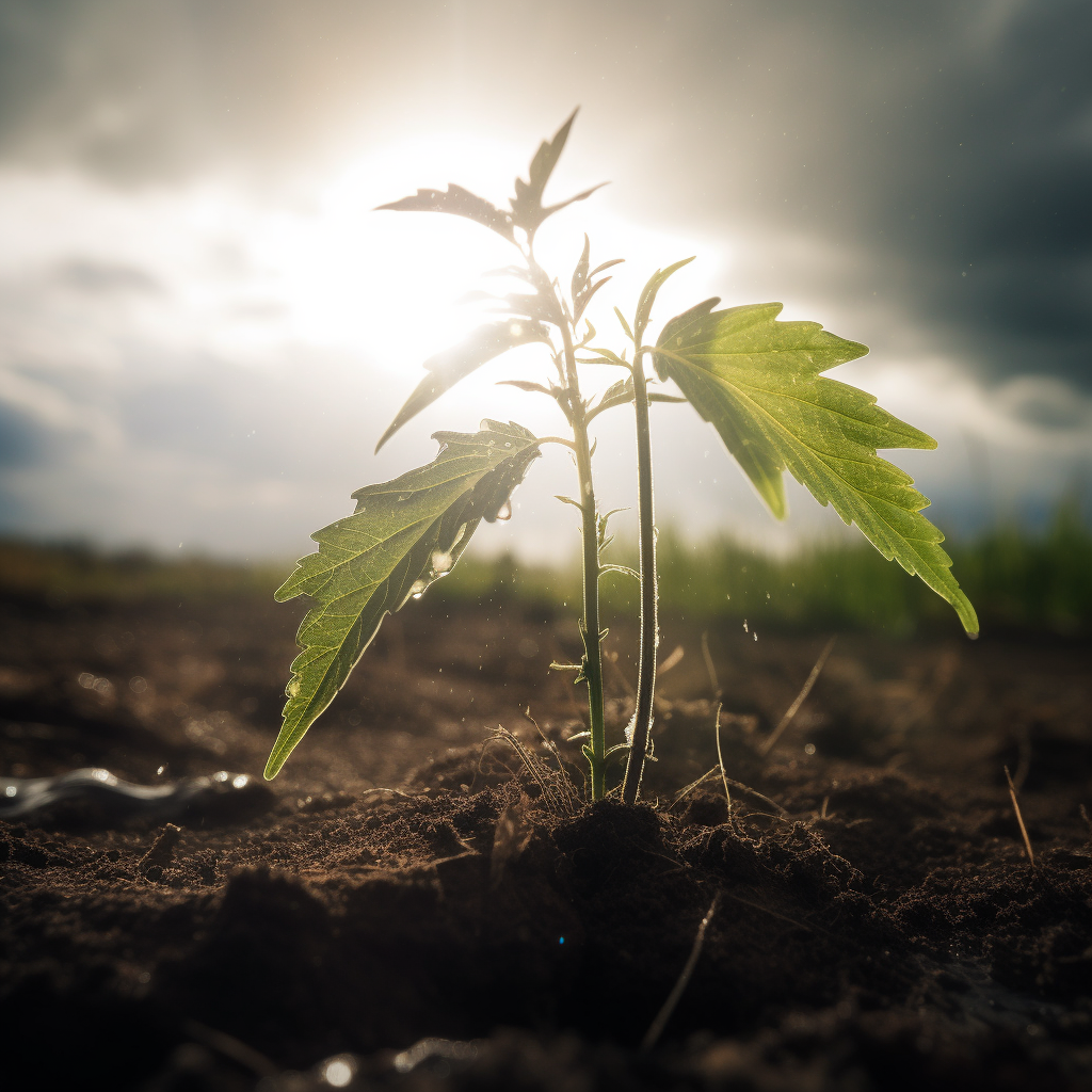 Cannabis sprout against breaking sky