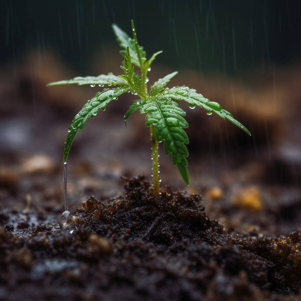 Cannabis sprout bending raindrops symbol