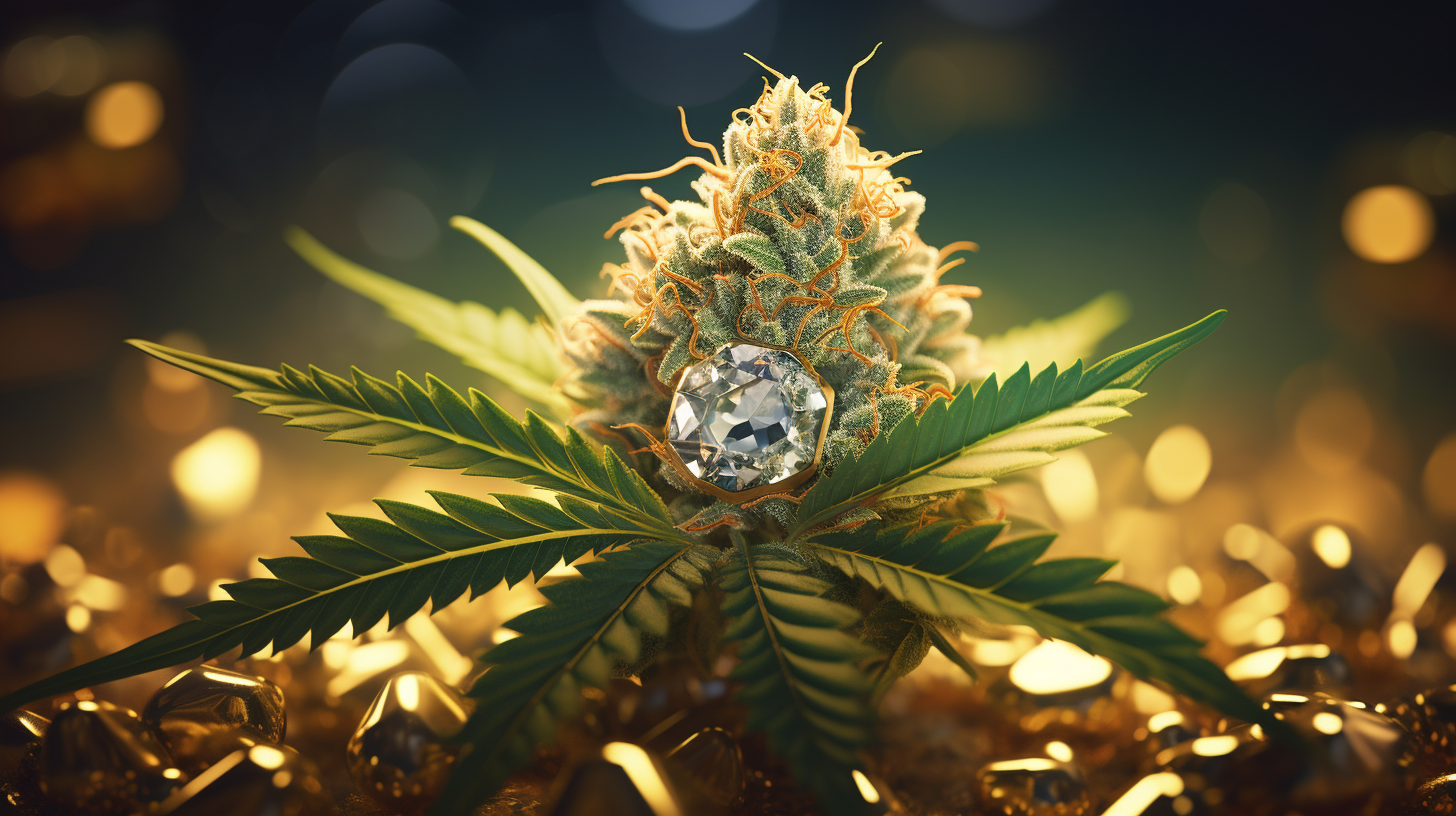 Photorealistic cannabis bud with diamonds and gold