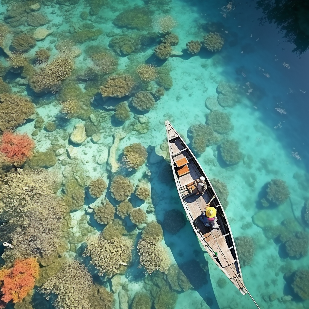 Scenic view of a canoe on a lagoon with coral reef