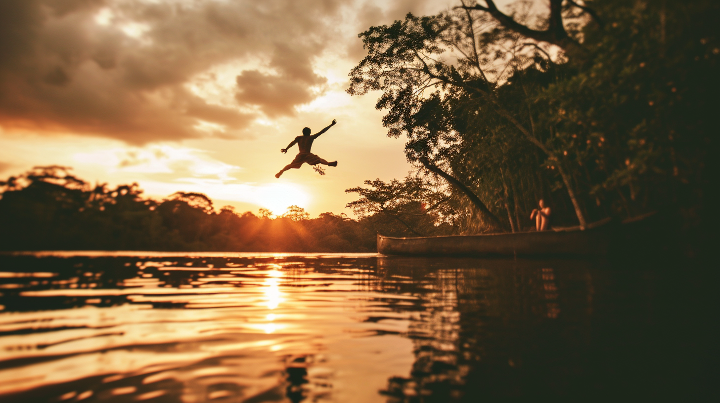 Tourist jumping into the lagoon for a swim