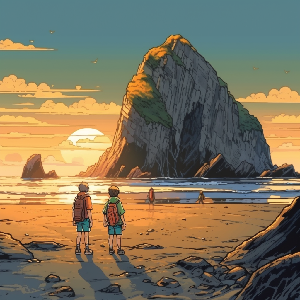 Animated cartoony image of Canon Beach with The Goonies