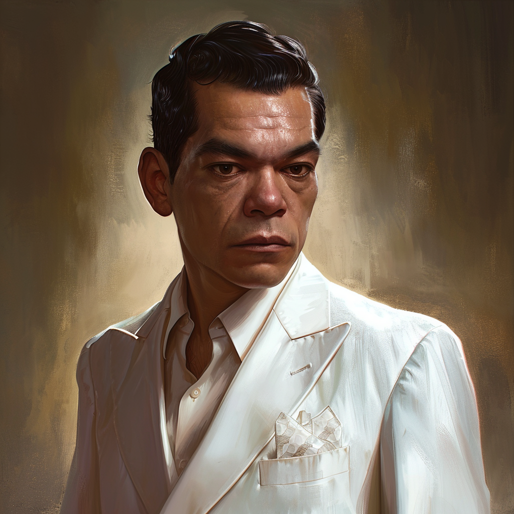 Cantinflas in white suit and short hair