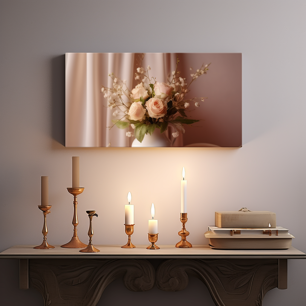 Canvas art above dresser with candles and flowers