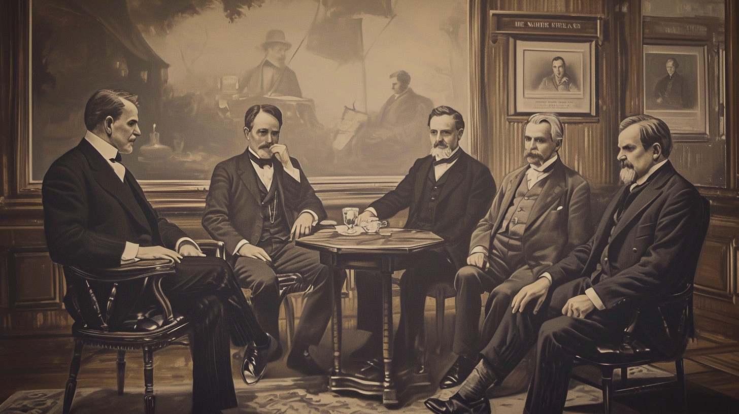 5 capitalists sitting on chairs in 19-century advertising poster style