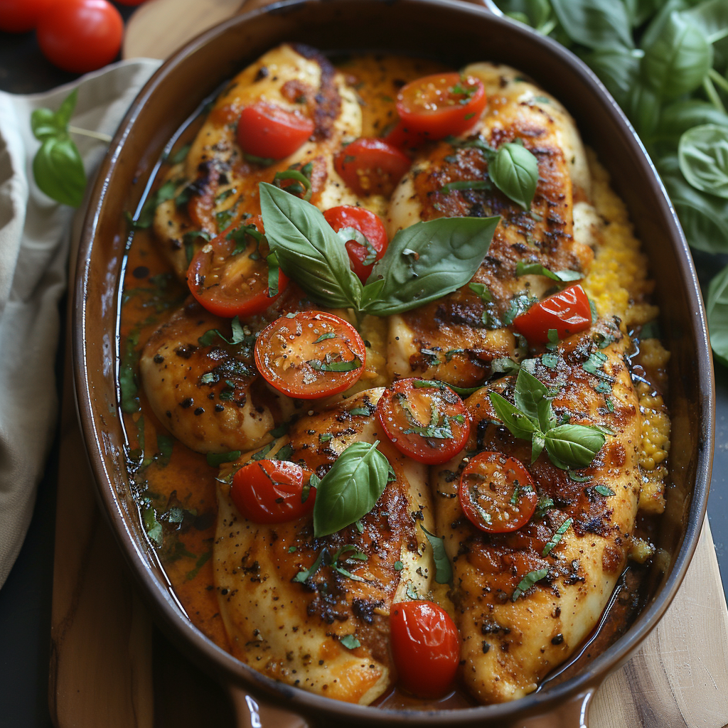 Caprese chicken polenta bake rustic dish