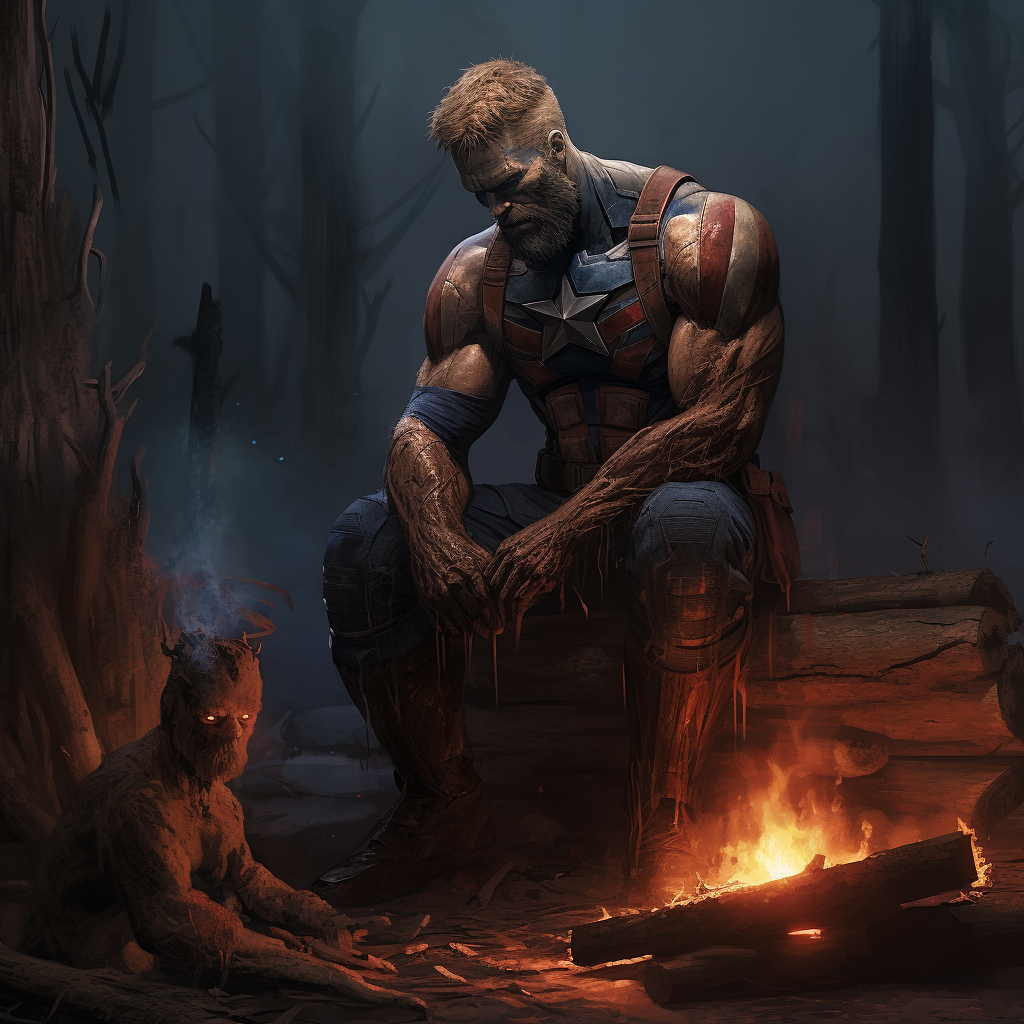 Captain America chopping fire wood with Groot