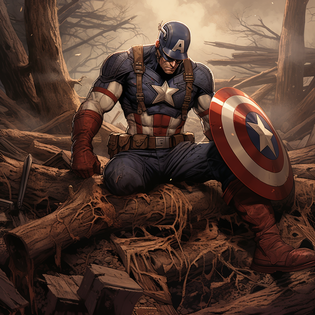 Captain America chopping wood with axe, Groot sleeping