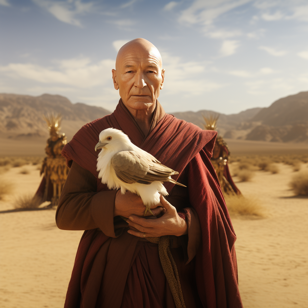 Captain Picard holding three turkey feathers