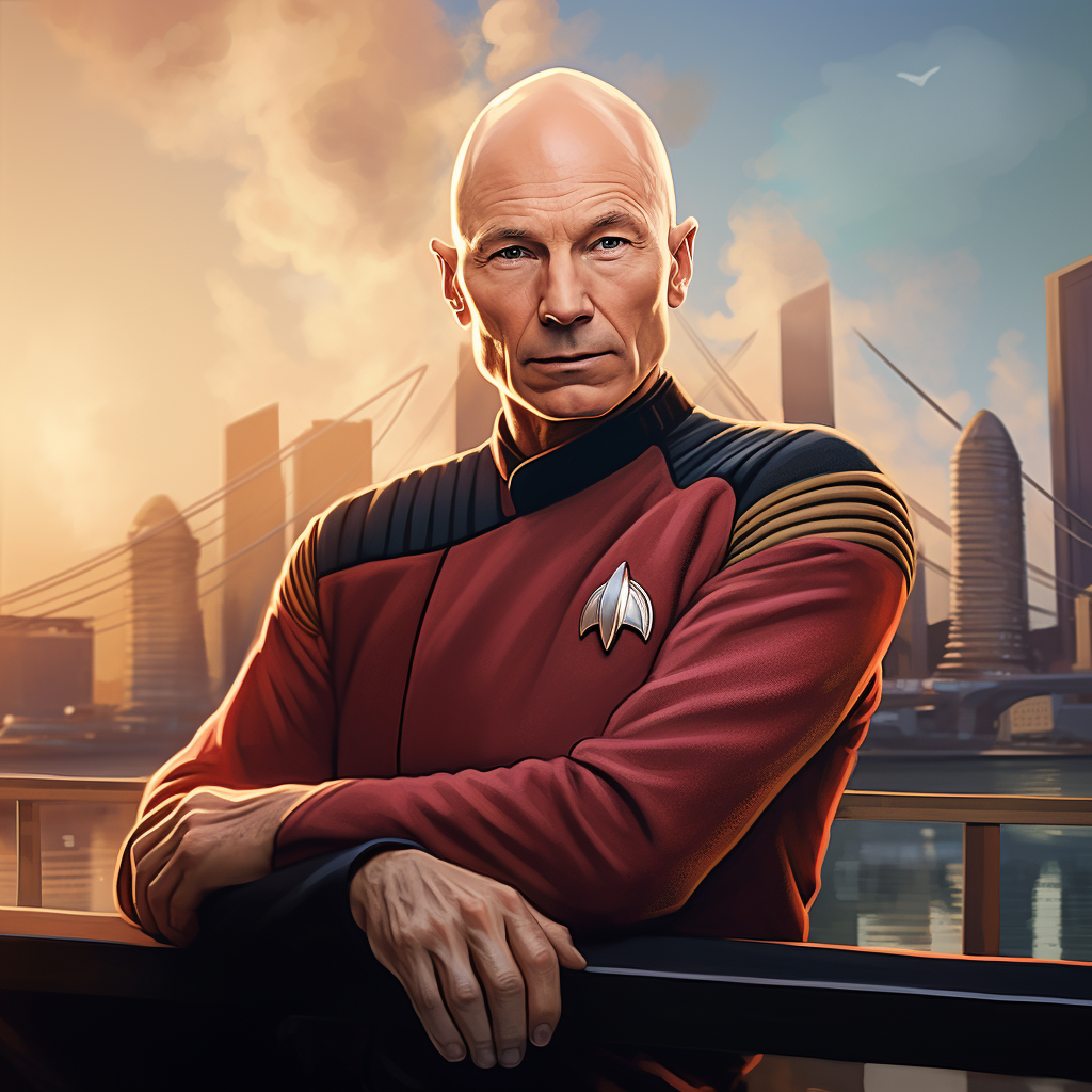 Captain Jean-Luc Picard on Enterprise Bridge, wearing a sweatshirt