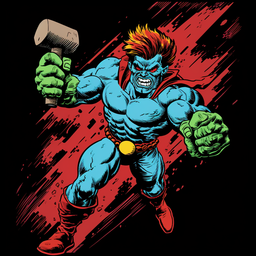 Captain Planet holding a hammer while sprinting  (6 words)