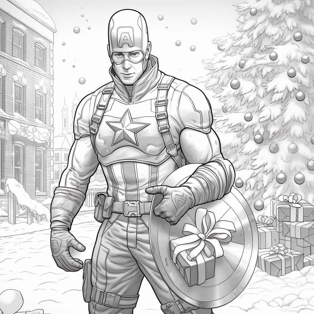 Captain America opening presents in Christmas suit