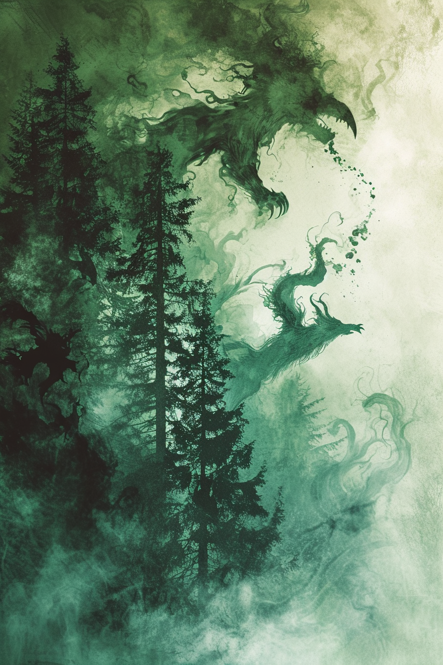 Book cover with mystical forest and mythical creatures