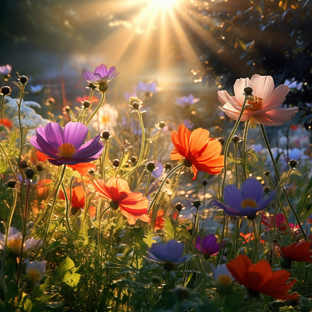 Colorful flowers and shining sun in captivating nature