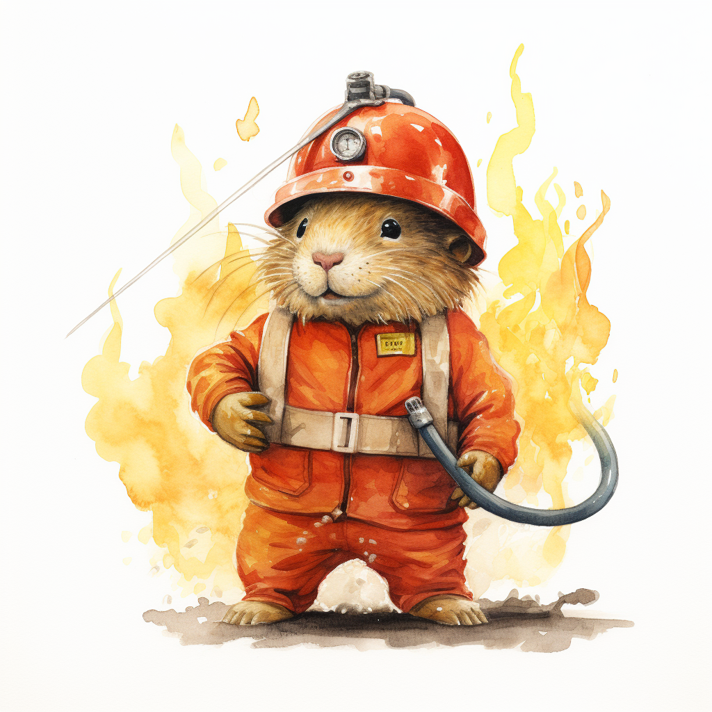 Capybara firefighter holding hose extinguishing fire