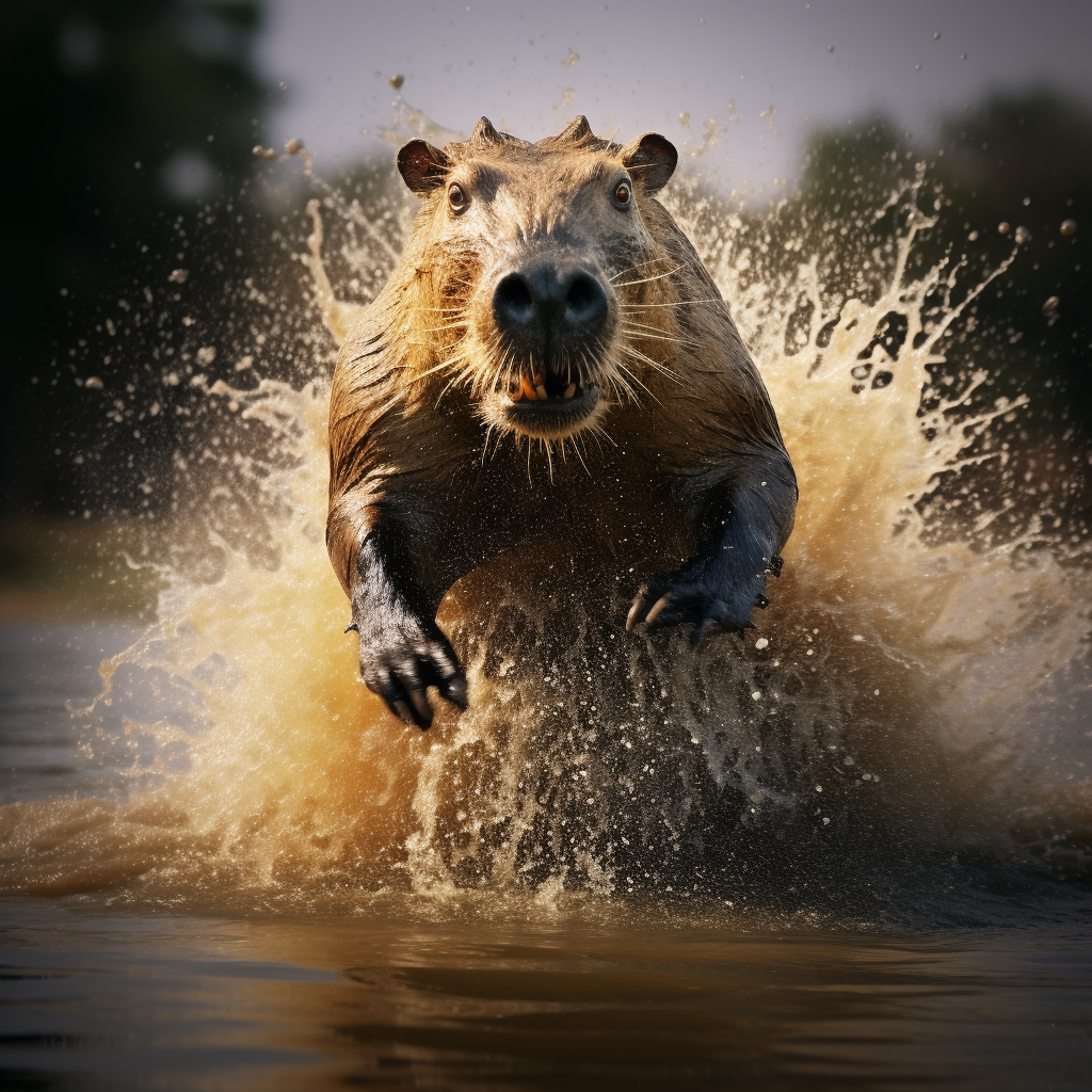 Capybara jumping on Nile crocodile head