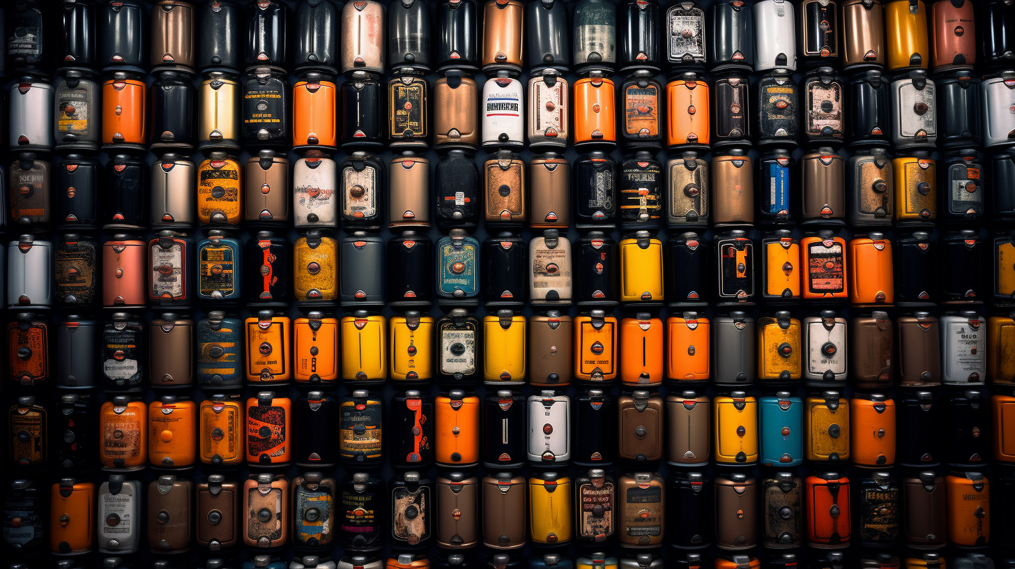 A wall of car batteries with varying wattage