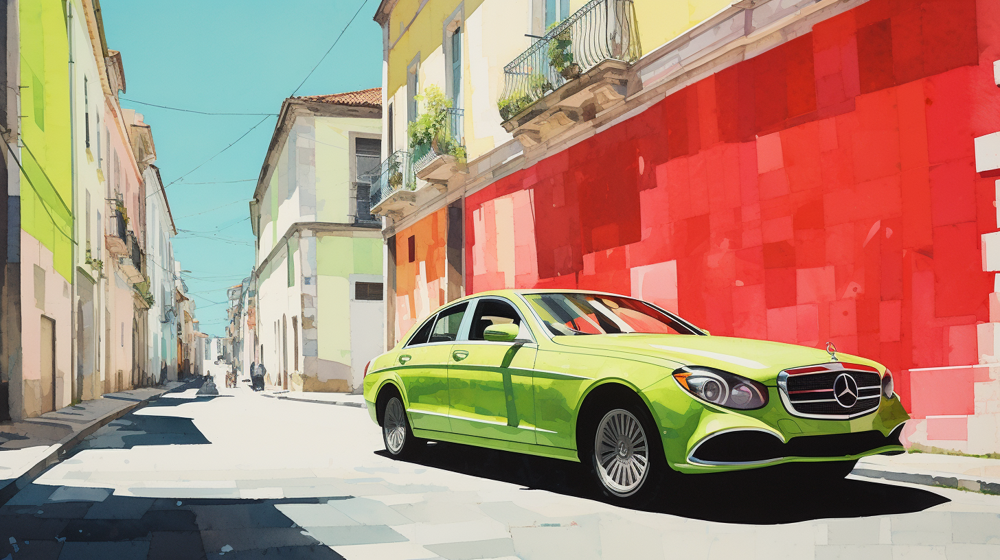 Car driving on lime green architecture of Lisbon