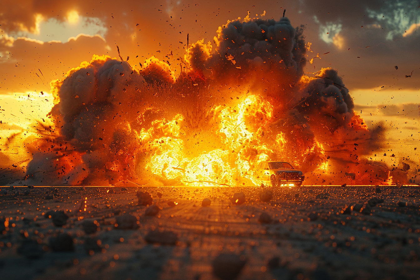 Car exploding in golden hour