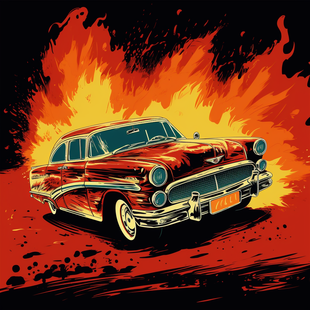 Illustration of Vintage Car on Fire