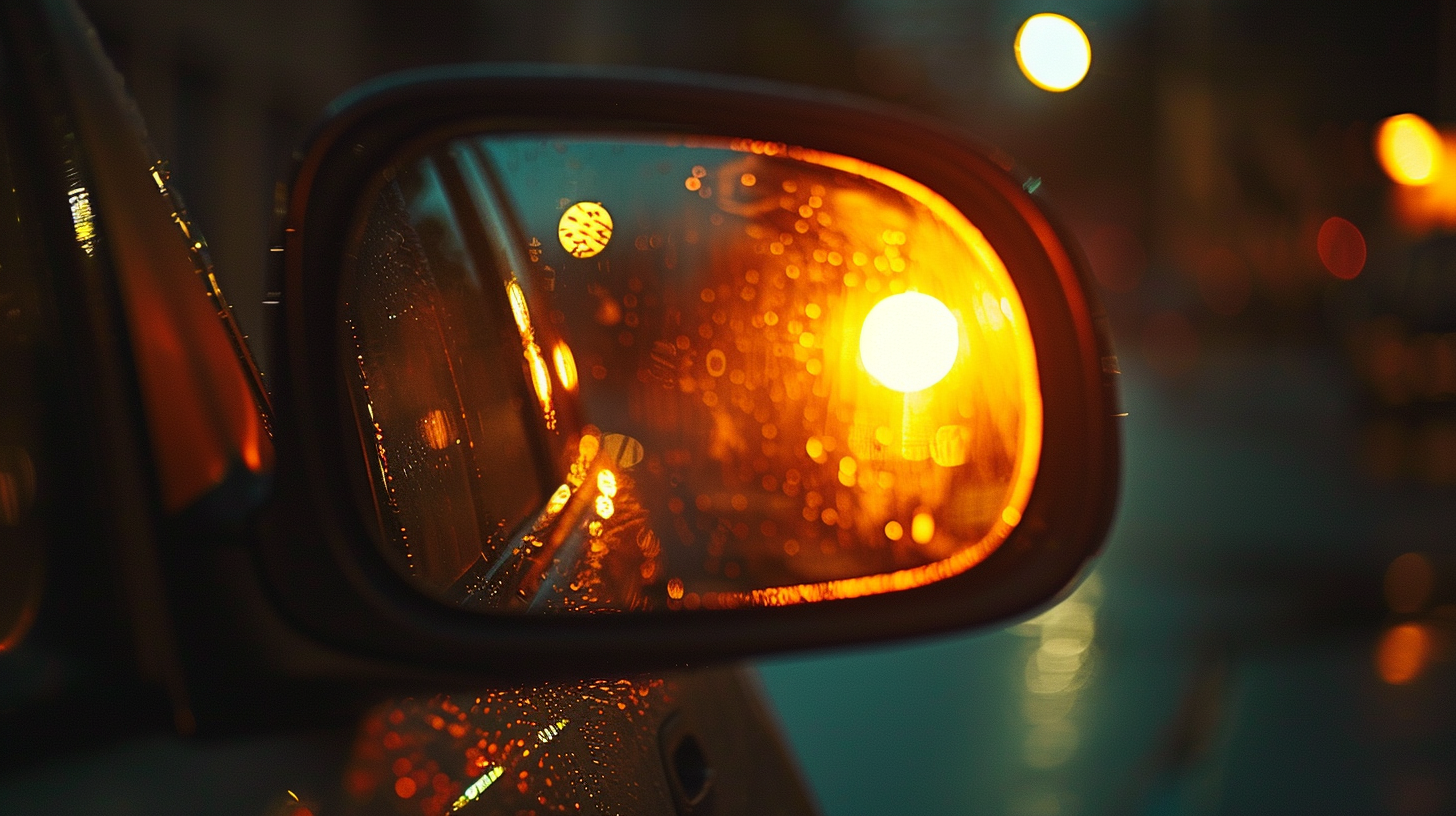 glowing orb reflection in car mirror