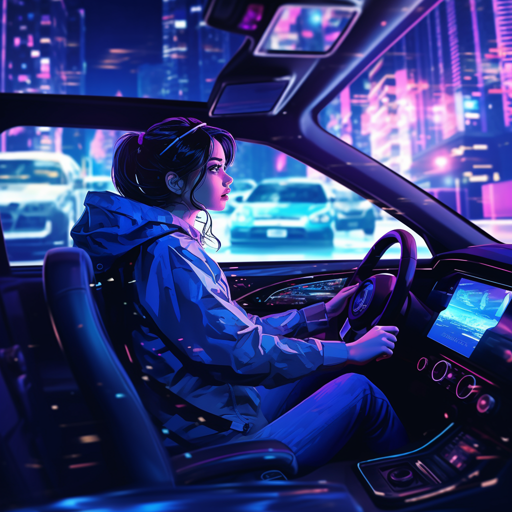 Car riding in cyberpunk city at night