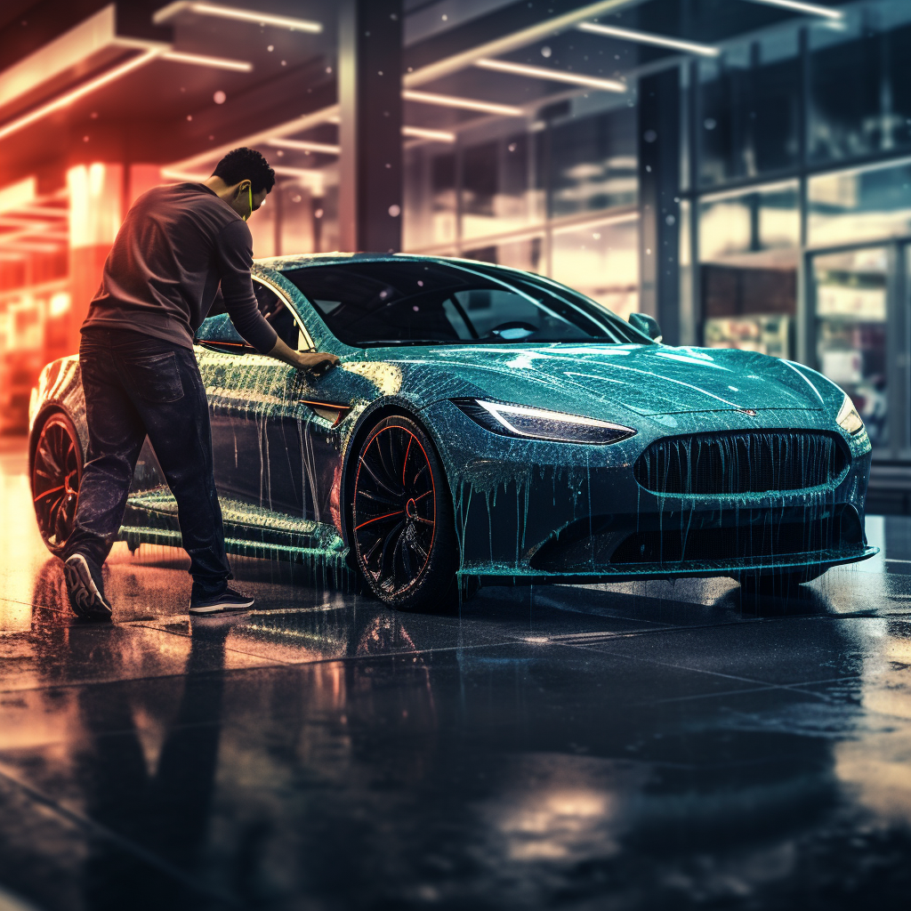 Boy washing luxury car with car washing brush