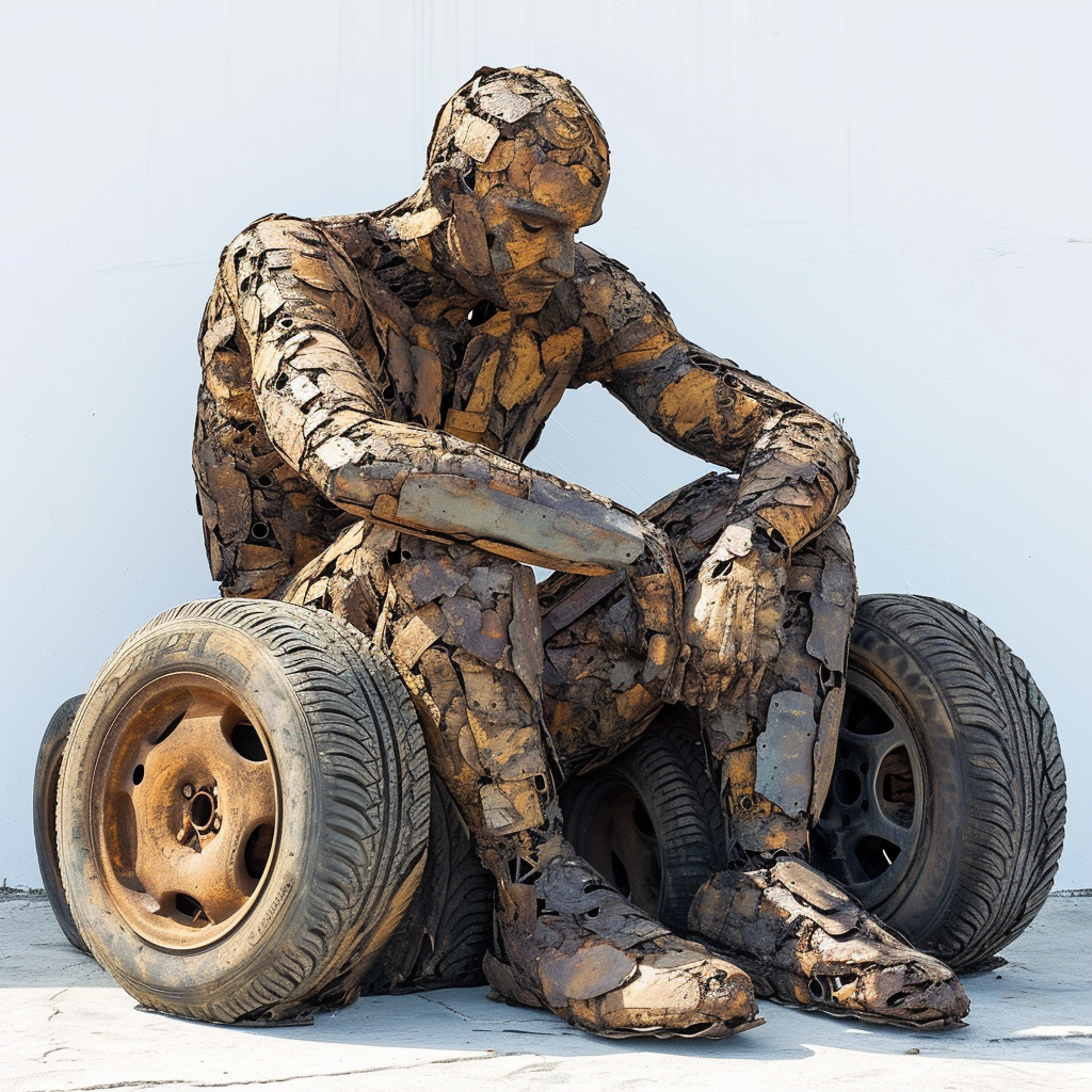 Man made of car wheels