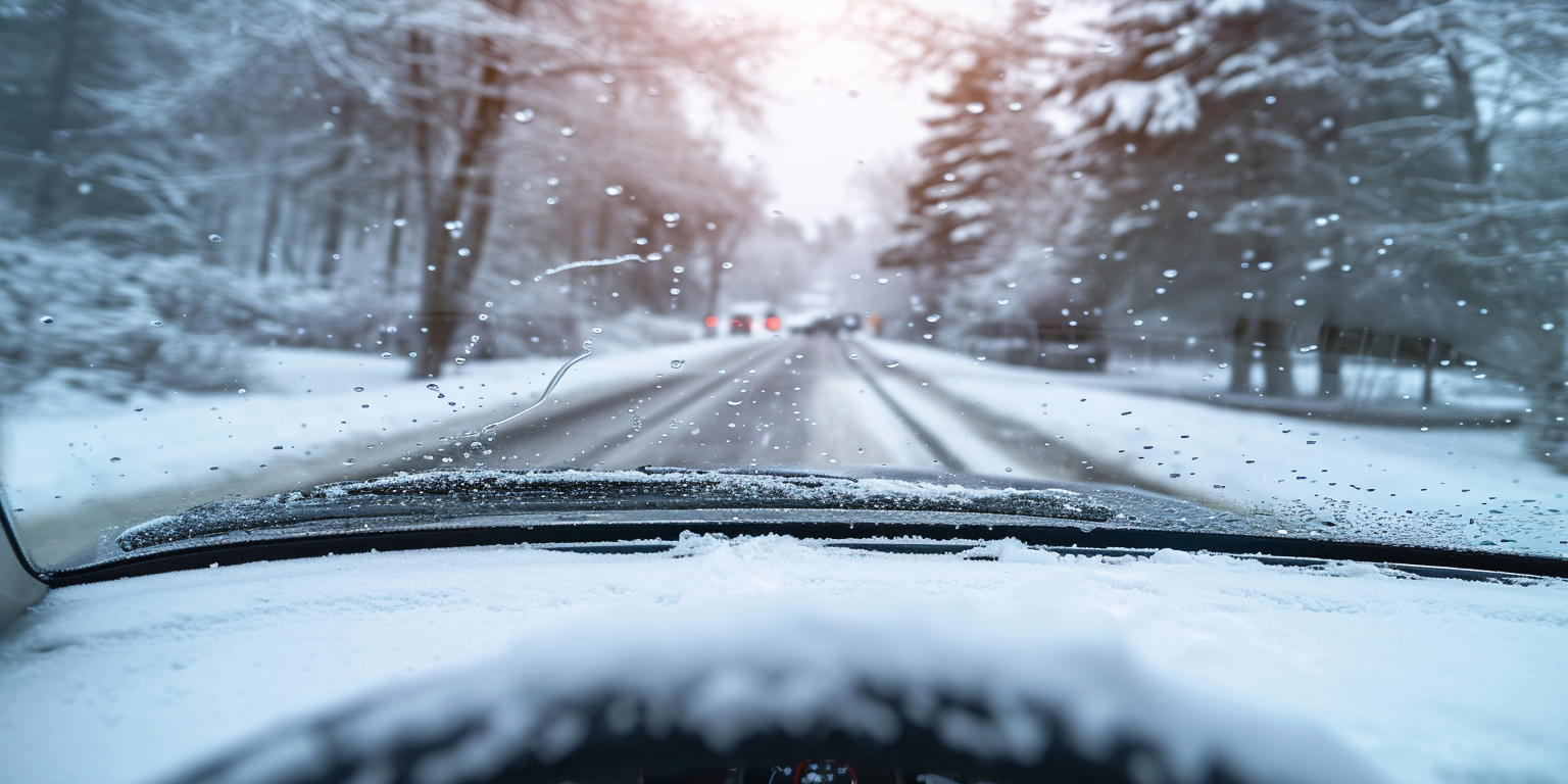 Car windshield winter outside view