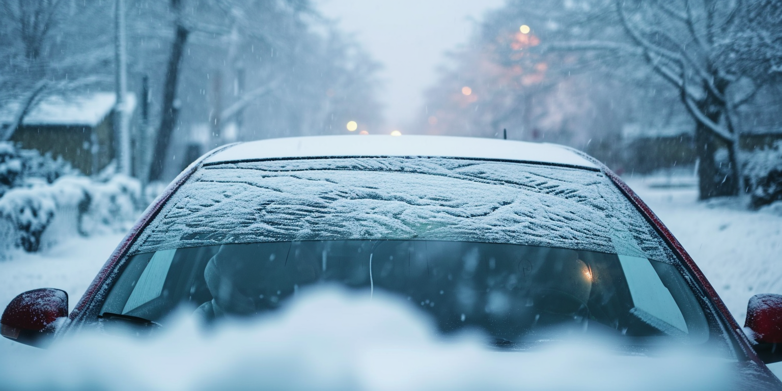 Winter car front windshield exterior view