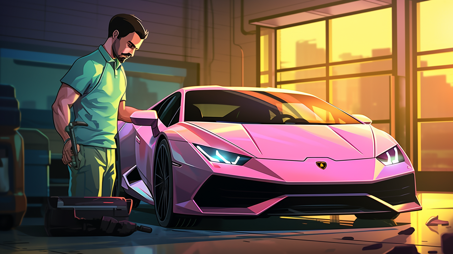 Person applying color-changing wrap on Lamborghini