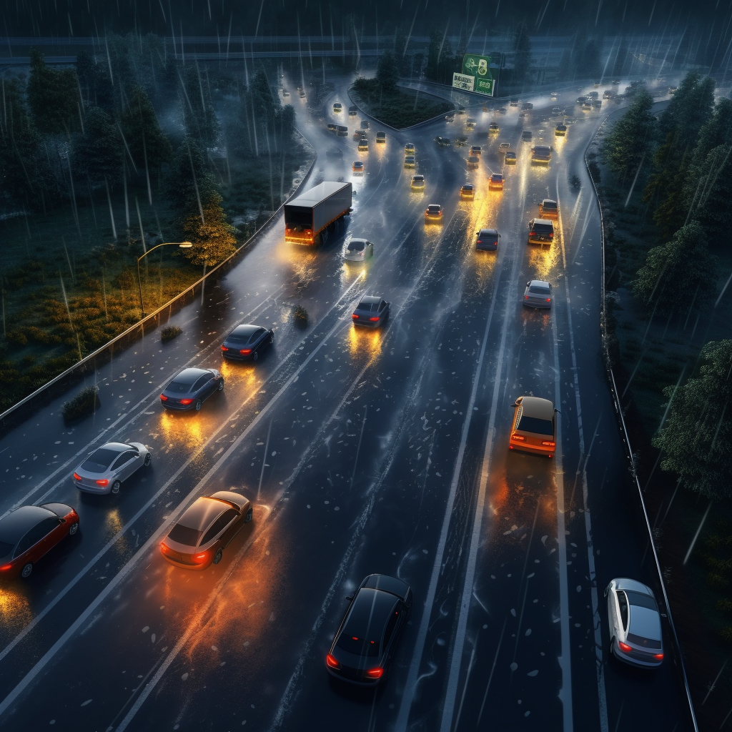 Car speeding and changing lanes in extreme traffic
