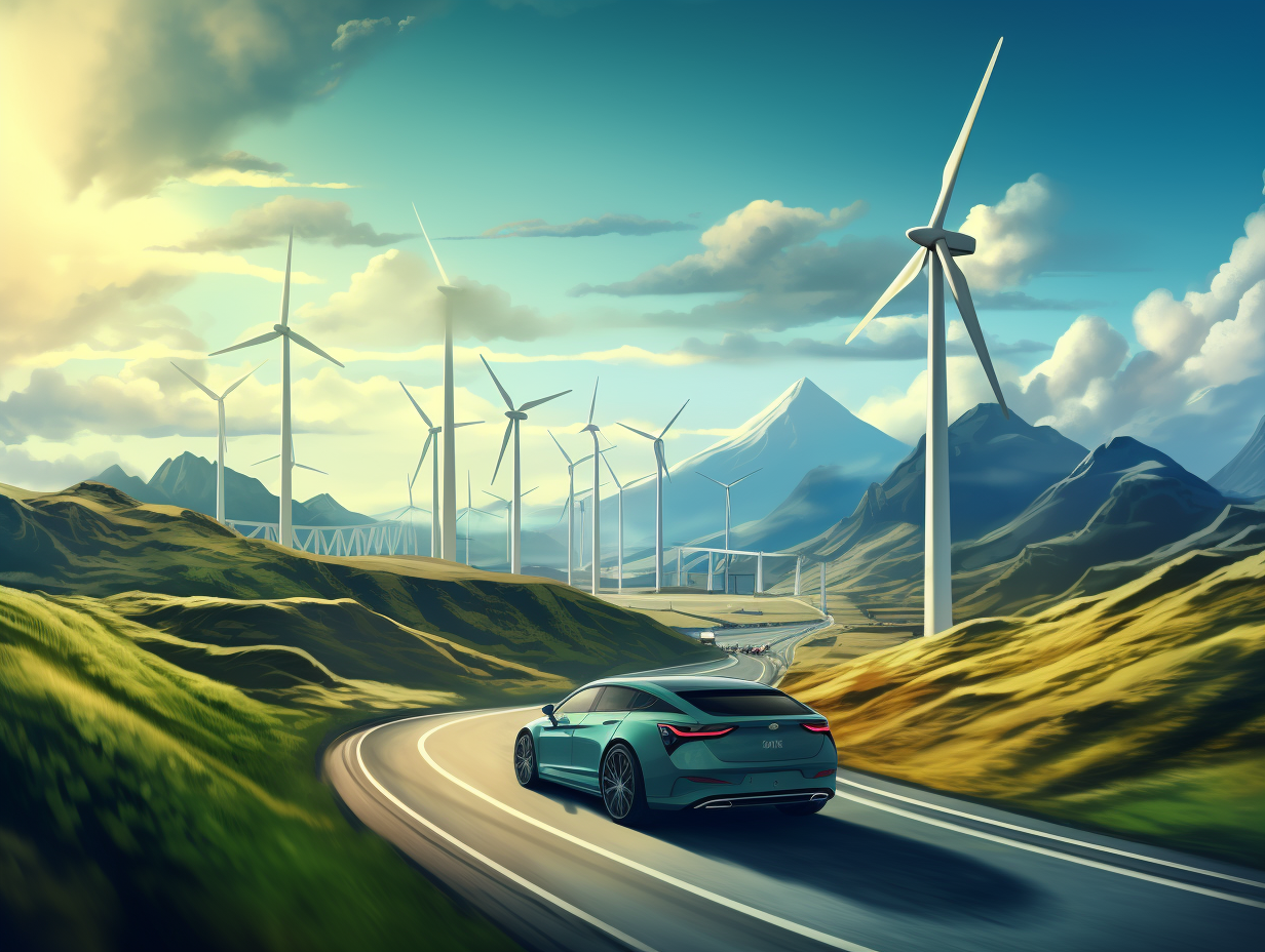 Electric car driving on mountain road with wind turbines