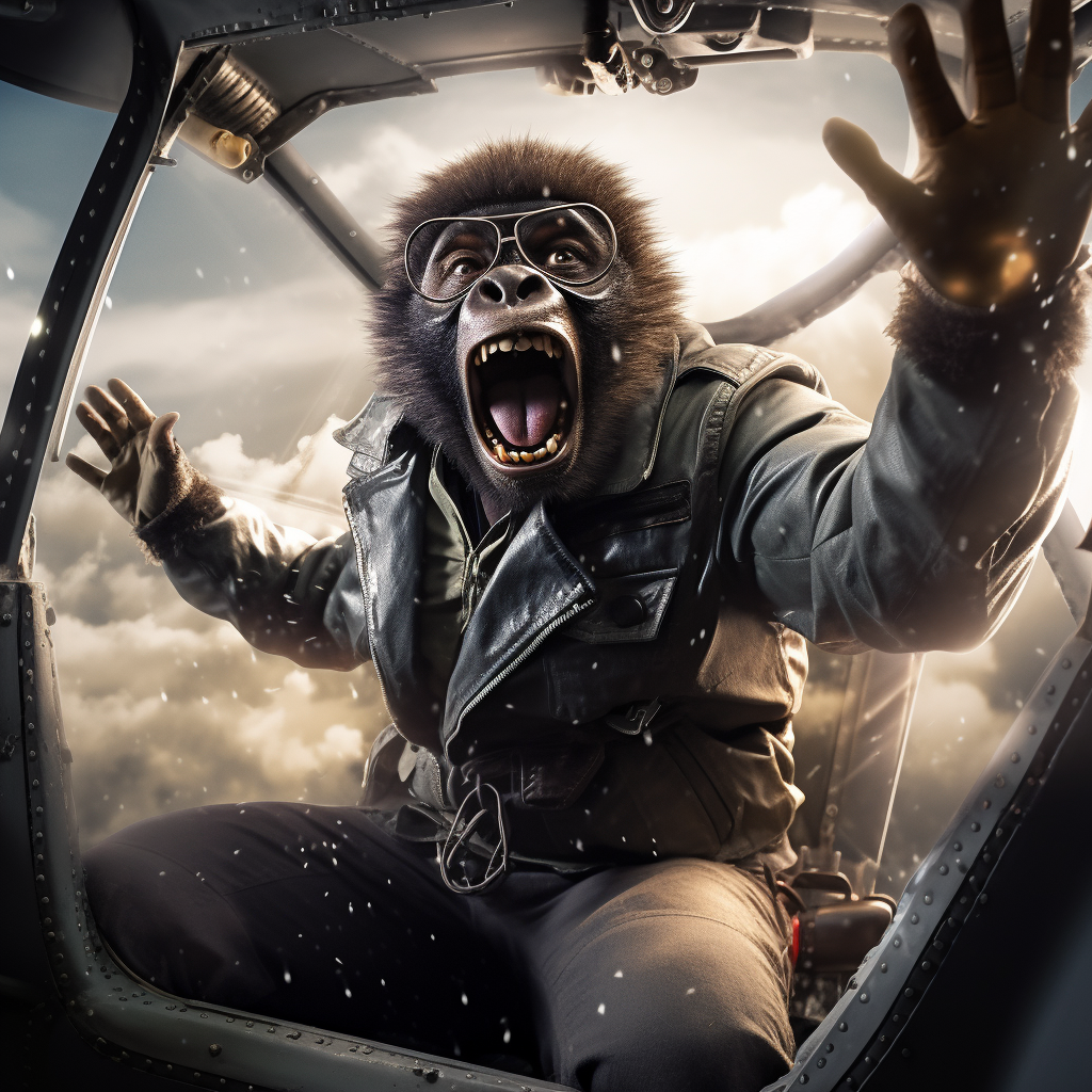 Caracal and gorilla on plane wing during thunderstorm