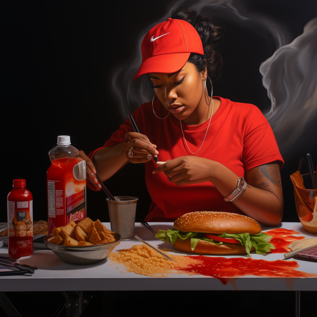 Woman eating wings at kitchen table