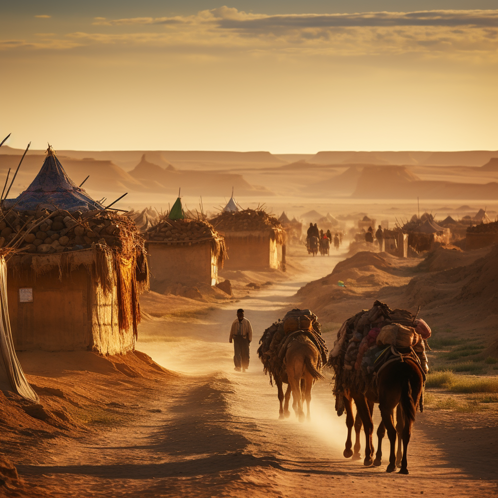 Caravan Moving on Silk Road Ancient Central Asian City Background