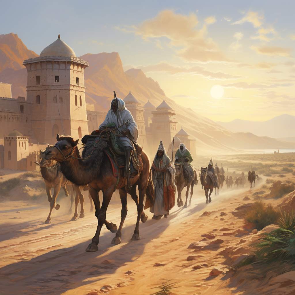 Caravan on Silk Road with Ancient Madrasah