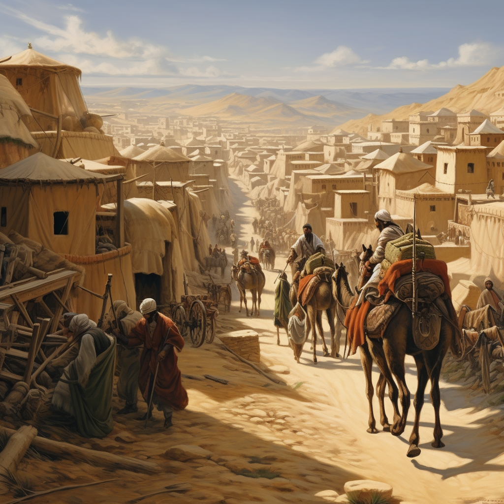 Caravan on the Silk Road with Ancient Central Asian City