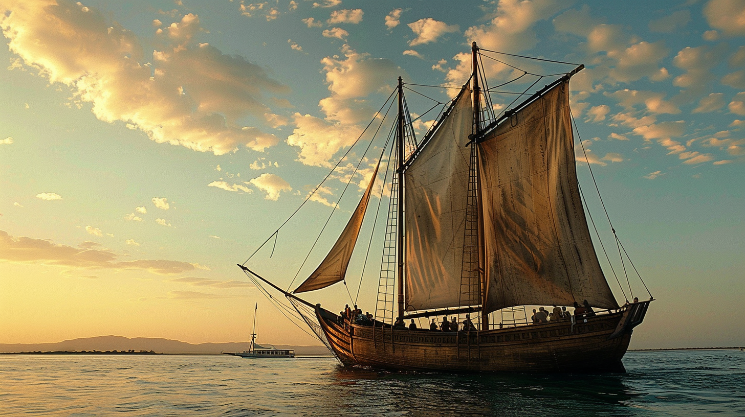 Caravel sailing in coastal waters of India