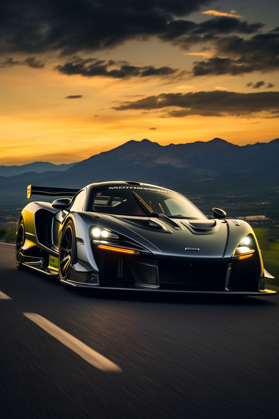 McLaren Senna GTR racing through scenic mountains