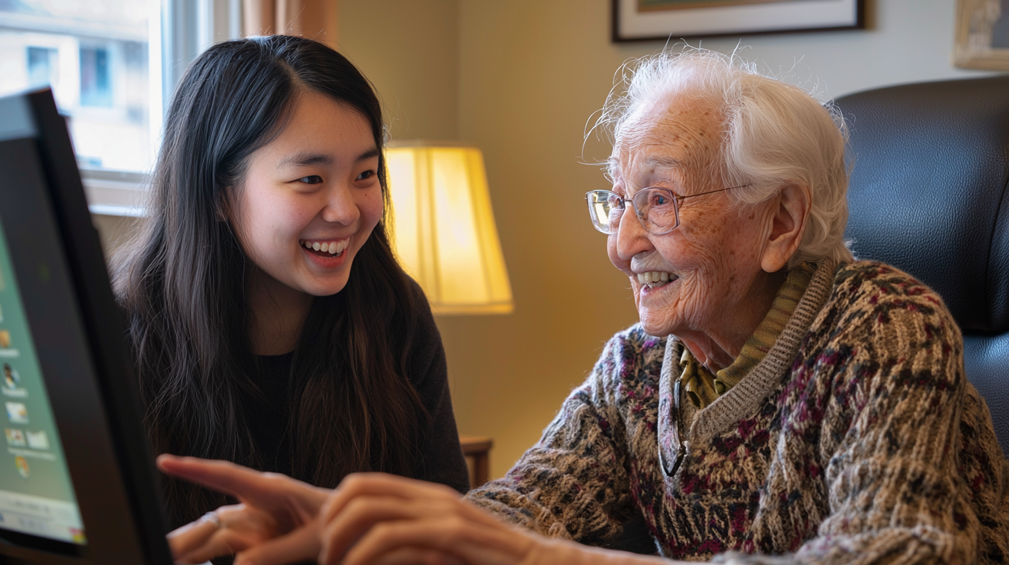 Caregiver and elderly person smiling at computer