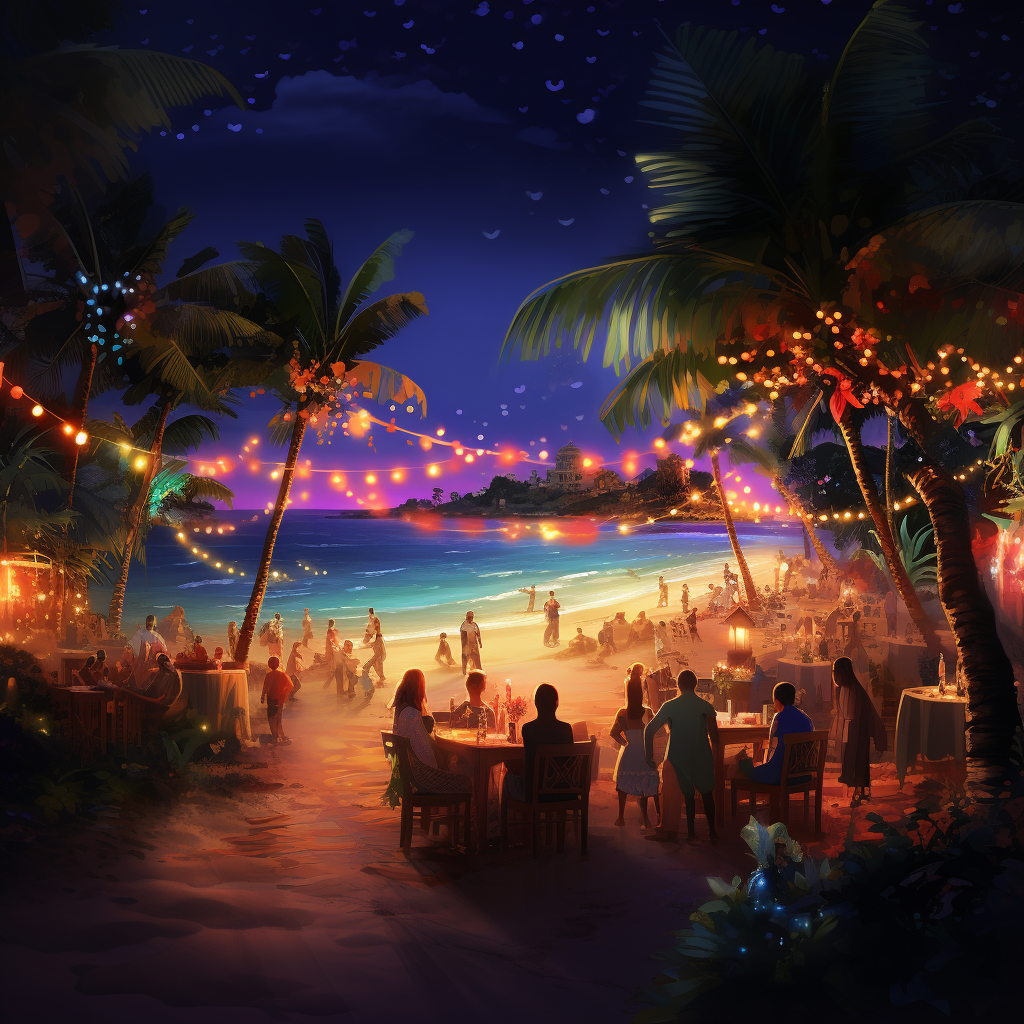 Caribbean beach party illustration night time illumination